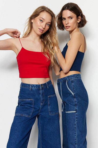 Trendyol Collection Sötétkék-piros 2 csomag pamut spagetti pántos Crop rugalmas, kötött felső TWOSS21AL0196