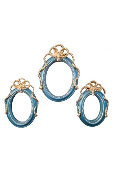 Gold Dekor Duvar Ayna Polyester Döküm 3 Lü Set Turkuaz Renk  Taşlı