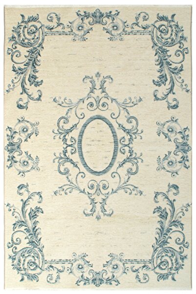 MYHOME HALI Krem Mavi Yıkanabilir Çift Taraflı Dokuma Klasik Halı