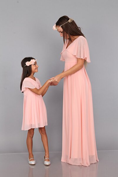 MODA LABİO Melek Kol Anne Kız Çocuk Elbise Pudra