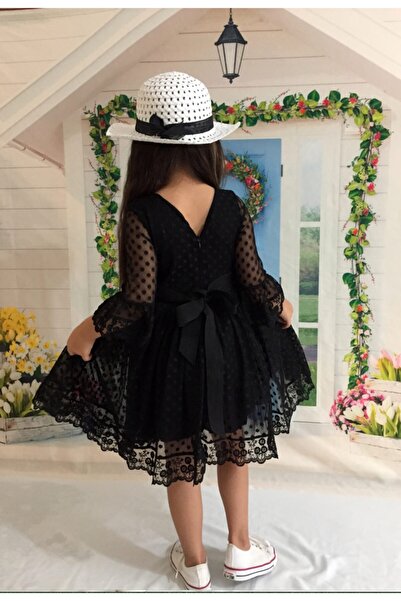 Delfini kids Kız Çoçuk Siyah Şapkalı Güpürlü Prenses Model Elbise