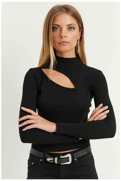 Cool & Sexy Női fekete keresztgalléros fél garbó blúz B1404