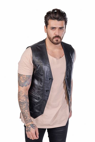BATU DERİ Genuine Leather Men's Black Leather Vest