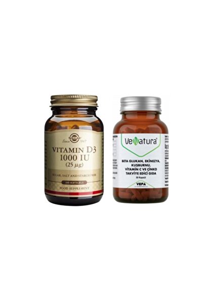 Solgar D3 Vitamini 1000 Iu 100 Kapsül ve  Venatura Beta Glukan Vitamin C ve Çinko Takviye Gıda 30 Kapsül
