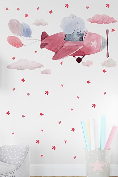 TUGİBU Pilot Elephant Cloud Star Kids Room Wall Sticker Set