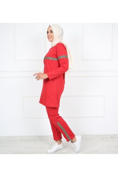 CNG MODA Hoodless Red Glitter Hijab Tracksuit Set