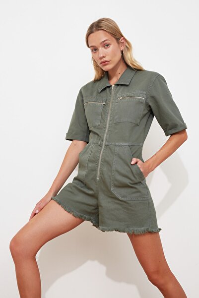 Trendyol Collection Džínové kraťasy s elastickým pasem khaki overal TWOSS20TU0122