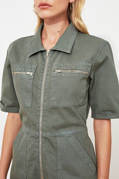 Trendyol Collection Džínové kraťasy s elastickým pasem khaki overal TWOSS20TU0122