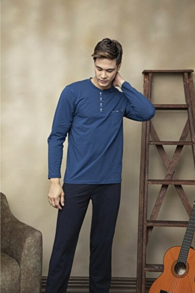 KLY Set de pijamale cu guler midi Indigo pentru bărbați 7106