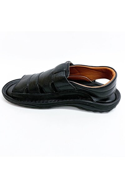 Çelik Men's Black Genuine Leather Sandals