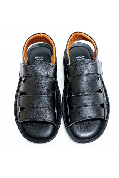 Çelik Men's Black Genuine Leather Sandals
