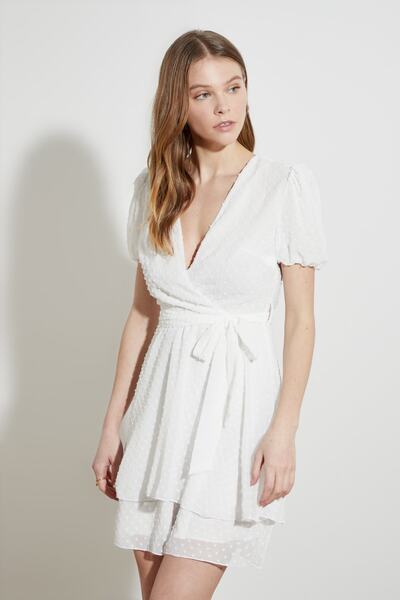 Trendyol Collection Λευκό Μίνι υφαντό φόρεμα με διπλό στήθος με επένδυση από σιφόν TWOSS21EL1202