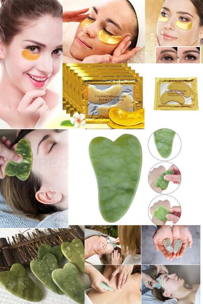 QNİAY 2 Li Cilt Bakım Seti Gua Jade Masaj Taşı + Gözaltı Maskesi Kolajen Gold...