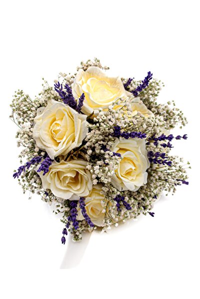 Lora Wedding Yapay Gül ve Kurutulmuş Lavanta Çiçekli Gelin Buketi