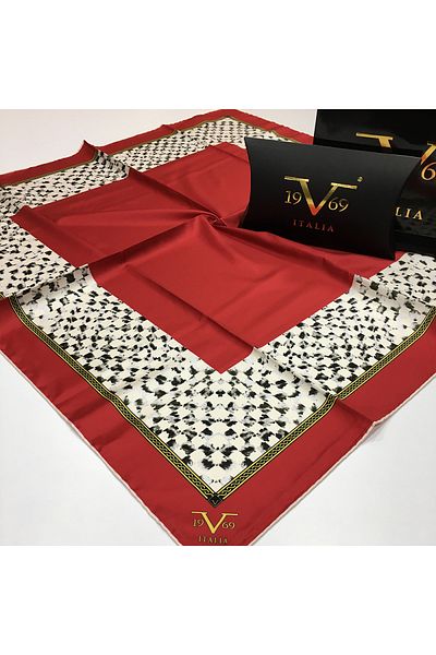 19V69 ITALIA Red Twill Scarf Black Series 90x90 Cm With Scarf Hanger And Gift Set