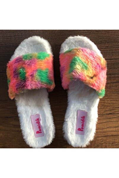 Pomidik Kadın Soft Renkli Peluş Tüylü Tek Bantlı Ev Terliği