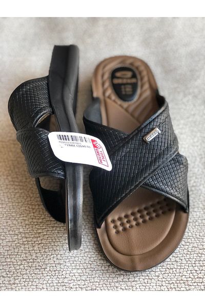 GEZER 12598 Черни мъжки удобни домашни чехли с мека ортопедична подметка и кожен модел