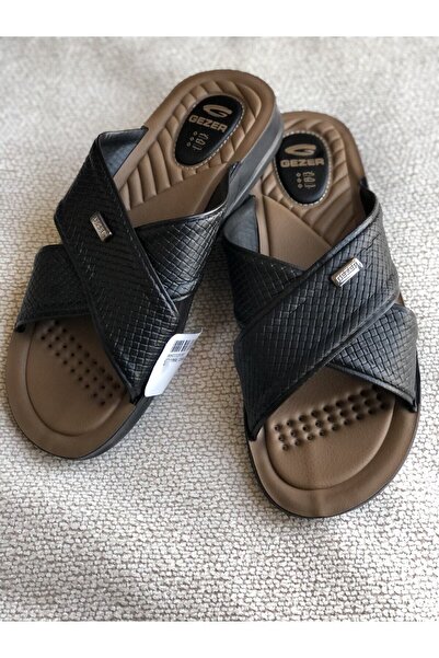 GEZER 12598 Μαύρες ανδρικές άνετες μαλακές ορθοπεδικές δερμάτινες παντόφλες σπιτιού