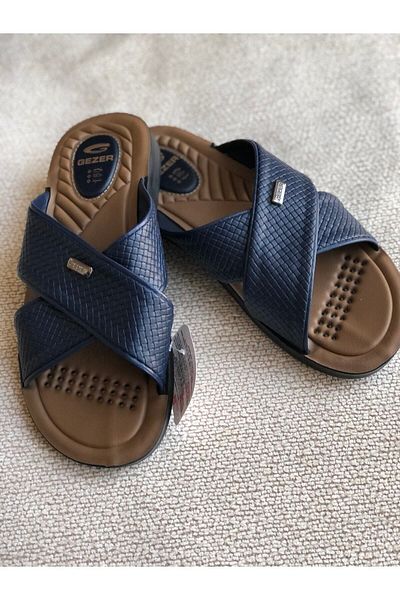 GEZER Model din piele pentru bărbați 12598 bleumarin - papuci de casă ortopedici comozi și moi
