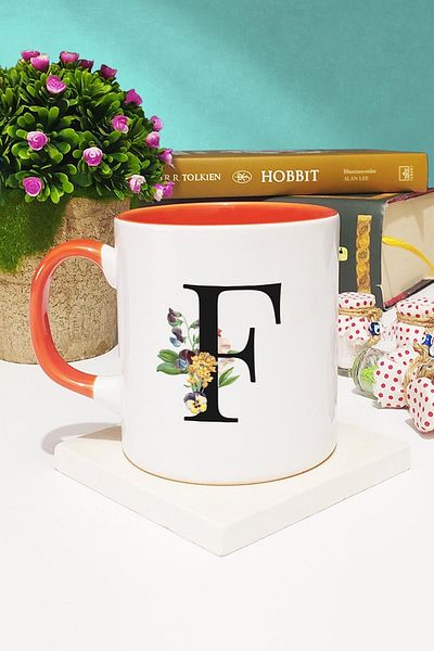 Hedizu Floral Letter Designed F Mug Cup Orange