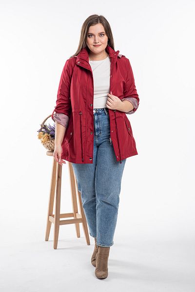 HEPSİKADIN Women's Burgundy Hooded Plus Size Trench Coat with Gathered Waist Detail