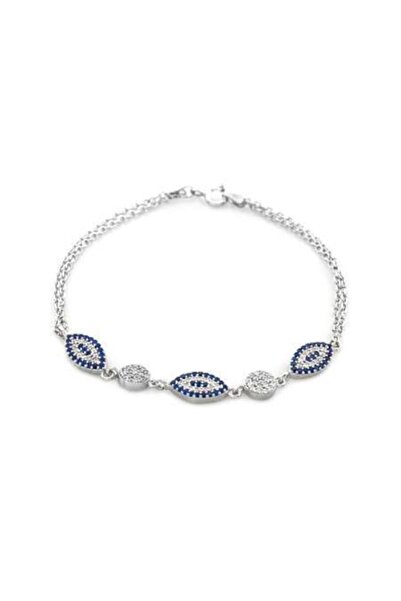 Tesbihane Mavi-beyaz Zirkon Taşlı Oval Tasarım 925 Ayar Gümüş Su Yolu Kadın Bileklik