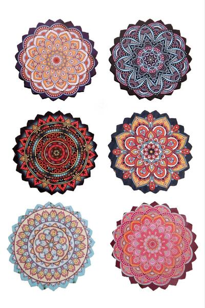 Nergizium Bardak Alt Tabağı Tahta Ahşap Tabak Çini Mandala Desenli 6 Adet