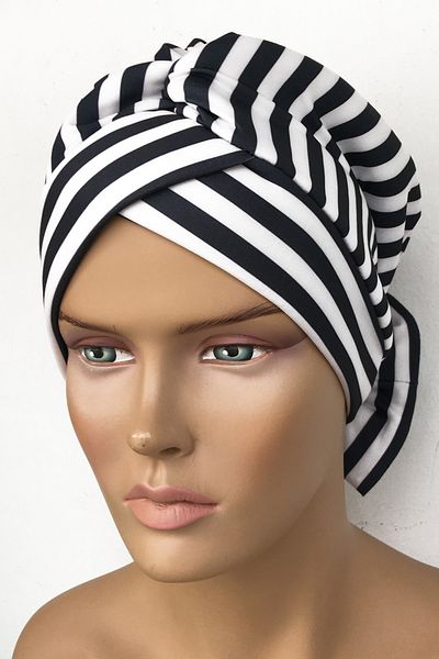 Vera Bone Mihrace Ready Turban Black and White Striped Cross Banded Lined Filled Bow Hijab Bonnet