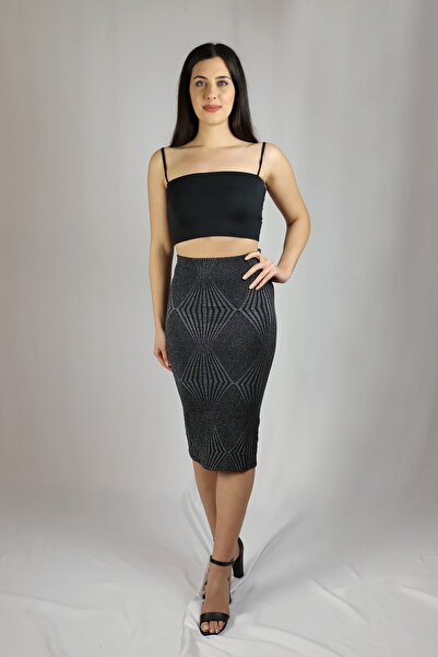 Kallisto Fusta neagră midi cu talie elastică și detaliu cu paiete