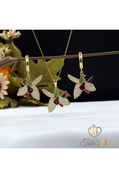 Takı Boom Zirkon Taşlı Azerbaycan Hari Bülbül Gümüş Küpe Kolye Takım