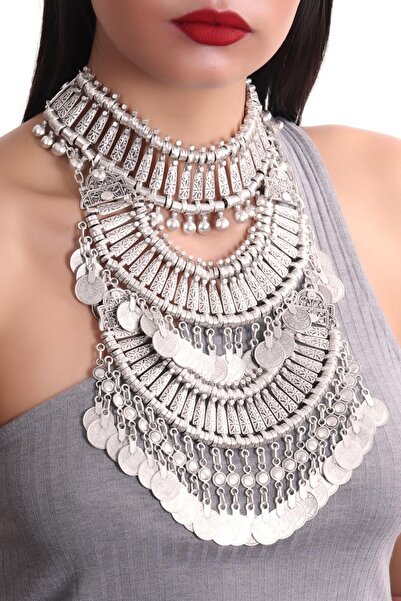 LABALABA Kadın Antik Gümüş Kaplama Tasarım 3 Sıra Gerdan Kolye
