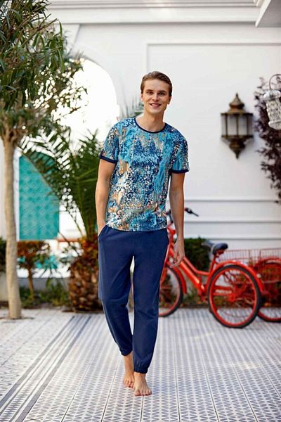 Doreanse Ανδρικό σετ πιτζάμες με κοντό μανίκι Navy Blue Crew Neck Cotton 4851
