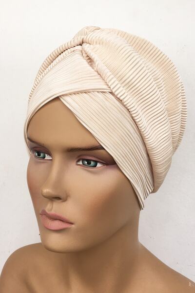 Vera Έτοιμο καπό τουρμπάνι Mihrace πλισέ κρέμα σταυρωτό λουράκι με επένδυση με επένδυση Hijab Hijab