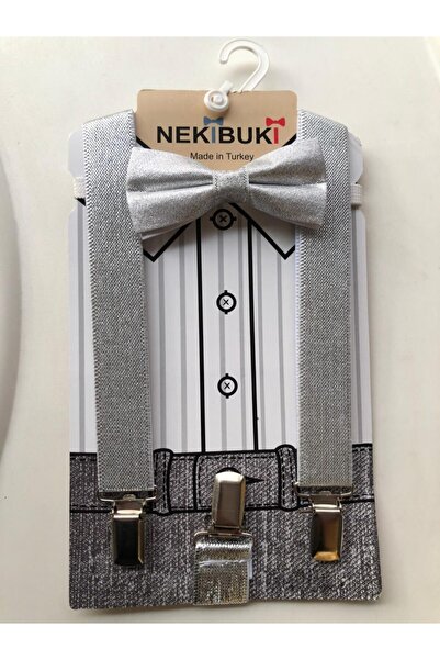 NEKİBUKİ Silver Gray Glitter Bow Tie Strap Set