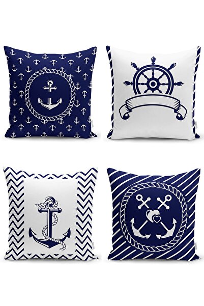 Realhomes 4lü Lacivert Beyaz Çapa Tasarımlı Dekoratig Yastık Kırlent Kılıf Seti