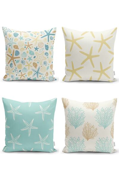 Realhomes 4'lü Deniz Yıldızı Motifli Dijital Baskılı Modern Yastık Kırlent Kı...