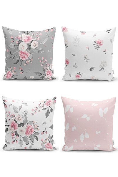 Realhomes 4'lü Çift Taraflı Gül Motifli Konsept Modern Süet Yastık Kırlent Kı...