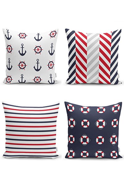 Realhomes 4'lü Lacivert Çapalı Çizgiler Motifli Modern Yastık Kırlent Kılıf Seti