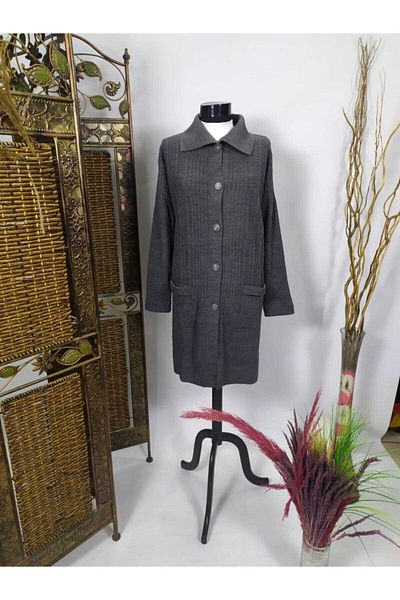 Nacar Women's Anthracite Cardigan Steel Knitted Buttoned Medium Length Cardigan