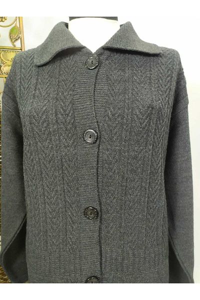 Nacar Women's Anthracite Cardigan Steel Knitted Buttoned Medium Length Cardigan