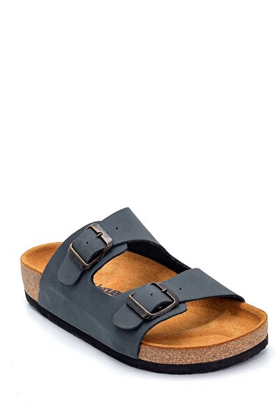 Bequemere Unisex Navy Blue Cork Sole Genuine Leather Orthopedic Slippers