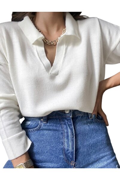 Genel Markalar Kadın Polo Yaka Beyaz Triko Kazak, Standart Beden