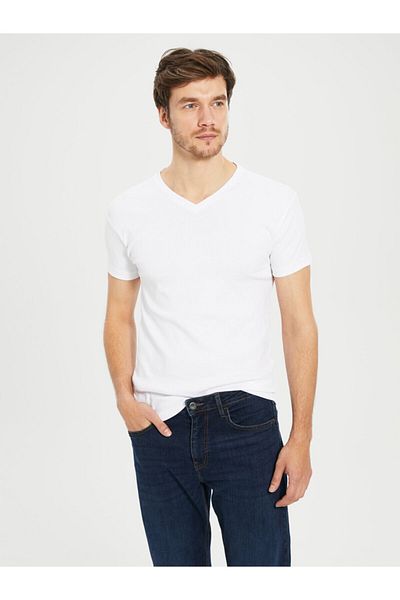 LC Waikiki Tricou alb pentru bărbați, cu decolteu în V, cu mânecă scurtă din bumbac, de la stilul tău de modă