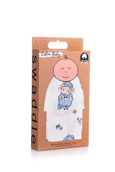 Caline Baby Blue Lamb Pattern Muslin Cloth Cover 120x120 cm + 4 Mouth Wipes