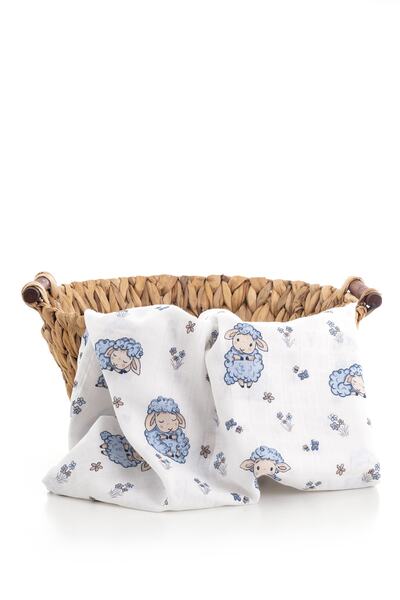 Caline Baby Blue Lamb Pattern Muslin Cloth Cover 120x120 cm + 4 Mouth Wipes