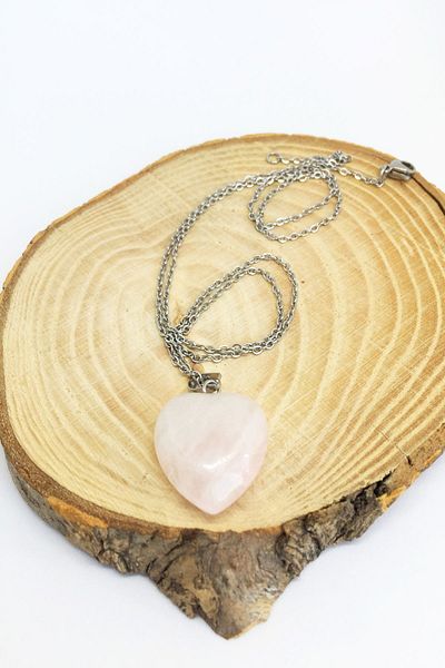 axexuar Pink Quartz Stone Natural Stone Pendant Heart Shaped 316l Steel Necklace 50cm Zodiac Stone