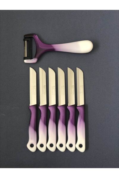 Solingen Set of 6 Serrated Marbled Purple Fruit and Vegetable Knives and Vertical Peeler