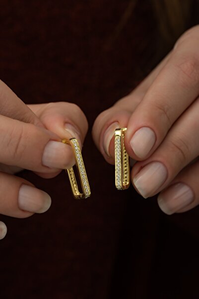 Nereze Kadın 925 Ayar Gold Dikdörtgen Küpe Kadın Gümüş Küpe
