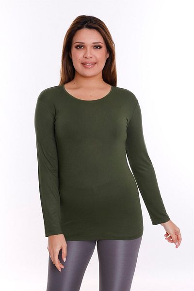DISENTIS MODEST Khaki Viscose Body - Plus Size, Round Neck, Long Sleeve