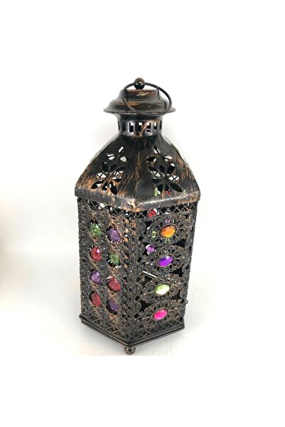 ArtemisDükkan Renkli Taşlı Kandil Mumluk Eskitme Özel Tasarım 35 cm Battal Boy